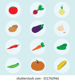 Vegetables icons flat set with radish pumpkin potato carrot tomato onion garlic cucumber eggplant vector illustration isolated on blue background