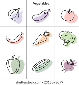Vegetables, Icons, Garlic, Eggplant, Tomato, Pepper, Carrot, Broccoli, Cabbage, Pepper, Cucumber, Beetroot, Vitamins, Proper nutrition.