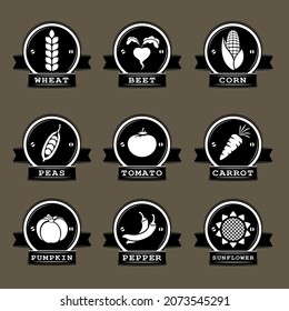Vegetables icons. large collection. wheat, beets, corn, peas, tomato, carrot, pumpkin, pepper, sunflower.