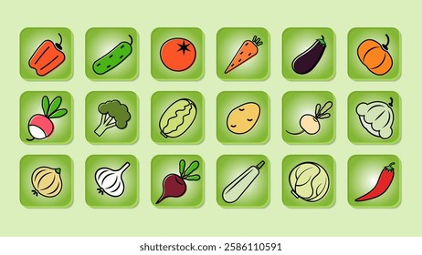 Vegetables icons on web buttons. Set of icons depicting Vegetables. For games and applications. Helthy food concept. Vector line icon for Business and Advertising. Vector image.