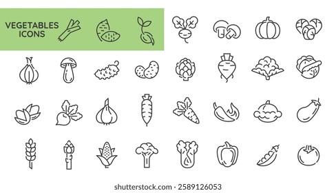 Vegetables icons. Set of 31 vegetable trendy minimal icons. Example: Celery, Mushroom, Tomato, Carrot, Pepper icon. Design signs for web page, mobile app, packaging design. Vector illustration