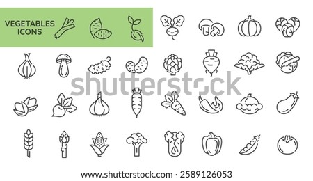 Vegetables icons. Set of 31 vegetable trendy minimal icons. Example: Celery, Mushroom, Tomato, Carrot, Pepper icon. Design signs for web page, mobile app, packaging design. Vector illustration