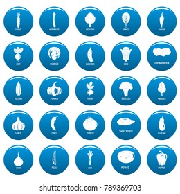 Vegetables icons set blue. Simple illustration of 25 vegetables vector icons for web