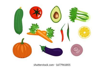 Vegetables icons set in cartoon style. Realistic organic vegan logo. Collection carrot, cucumber, eggplant, pepper, avocado, lemon, pumpkin, celery, tomatoe. Set vegan vector illustrations.