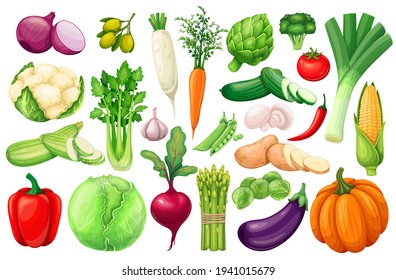 Vegetables Icons Set In Cartoon Style. Fresh Vegan Veggies Artichoke, Leek, Corn, Garlic, Cucumber. Raw Vegetable Pepper, Onion, Celery, Asparagus, Cabbage And Ets.