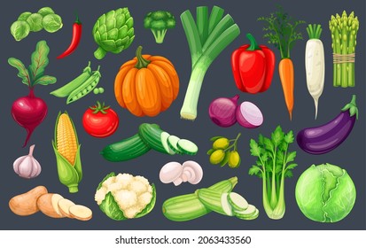 Vegetables icons set in cartoon style. Vegan farm product of pepper, onion, celery, asparagus, artichoke, leek, corn, garlic, cucumber, cabbage and potato, vector illustration.