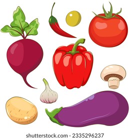 Iconos de verduras en estilo de dibujos animados. Cocina orgánica fresca a la carta. Ilustración del vector EPS10.