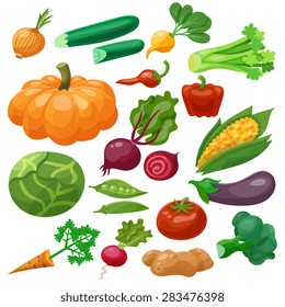 Vegetables icons set with cauliflower maize cabbage radish isolated vector illustration