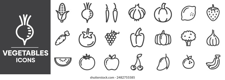 Vegetables Icons Set, Containing All Vegetables Signs Icons Outlines, Vector Illustration Collection Editable eps10