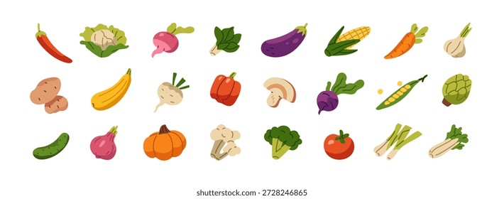 Symbole für Gemüse. Verschiedene frische Gemüse- Kohl, Aubergine, Karotte, Kürbis. Natürliche landwirtschaftliche Nutzpflanzen. Biologische und gesunde landwirtschaftliche Lebensmittel. Flache, einzelne Vektorgrafiken auf weißem Hintergrund