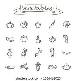 Vegetables icons set in doodle style. Cartoon vector and illustration, hand drawn style, isolated on white background.