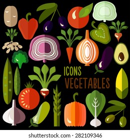 Vegetables icons: set of flat colorful food signs. Vector illustration