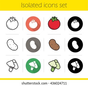Vegetables icons set. Flat design, linear, black and color styles. Tomato, potato and broccoli. Isolated vector illustrations