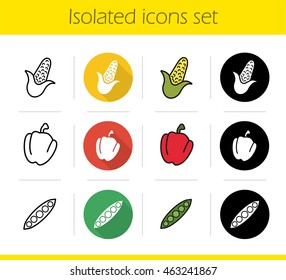 Vegetables icons set. Flat design, linear, black and color styles. Corn, paprika, open pea pod. Bell pepper and maize. Isolated vector illustrations