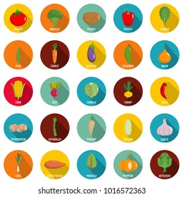 Vegetables icons set. Flat illustration of 25 vegetables vector icons circle isolated on white