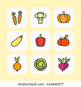 Vegetables icons set, flat style with outline