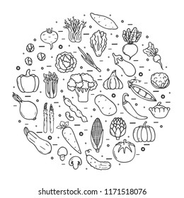 Vegetables icons set, hand drawn vector style
