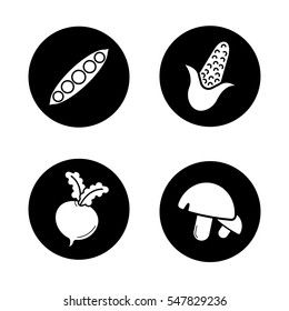 Vegetables icons set. Open pea pod, corn, beet, mushrooms. Vector white silhouettes illustrations in black circles