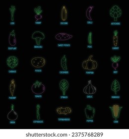 Vegetables icons set. Outline illustration of 25 vegetables vector icons neon color on black