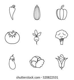 Vegetables icons set. Outline illustration of 9 vegetables vector icons for web