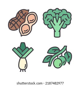 vegetables icons set = peanut, broccoli, leek, olives. Perfect for website mobile app, app icons, presentation, illustration and any other projects