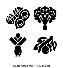 vegetables icons set = peanut, broccoli, leek, olives. Perfect for website mobile app, app icons, presentation, illustration and any other projects