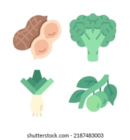 vegetables icons set = peanut, broccoli, leek, olives. Perfect for website mobile app, app icons, presentation, illustration and any other projects