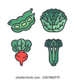 íconos de verduras establecidos = soja, col, rábano, apio. Perfecto para aplicaciones móviles web, iconos de aplicaciones, presentación, ilustración y cualquier otro proyecto
