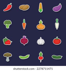 Vegetables icons set stikers collection vector with shadow on purple background