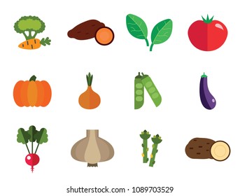 Vegetables icons set with tomato, eggplant and radish. Thirteen vector icons