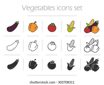 Vegetables icons set. Vegetarian food mix. Eggplant bell pepper, tomato and corn symbols in color, contour and silhouette. Vector illustrations isolated on white 