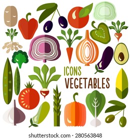 Vegetables icons: vector set of flat colorful food signs. Vector illustration