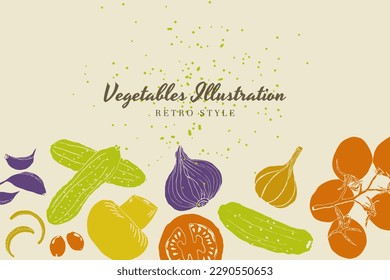 Vegetables illustration background hand drawn retro colors style vector
