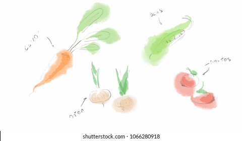 vegetables Illustration: carrots, onions, tomatoes, peas
