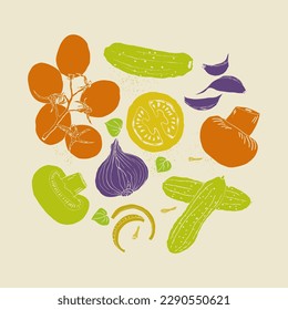 Vegetables illustration composition hand drawn retro colors style vector