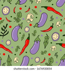 Vegetables illustration: eggplant, red chilli pepper, mushroom and herbs. Vector seamless pattern. Vegetarian healthy food.  organic, natural background in cartoon style.