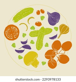 Vegetables illustration hand drawn retro style color circle composition vector