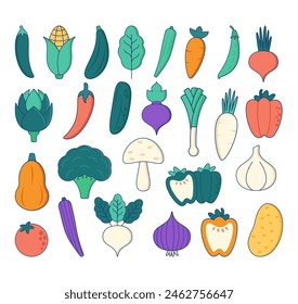 Vegetales Conjunto de ilustración. Una colección colorida de varias verduras, incluyendo zanahorias, tomates, brócoli, pimientos y muchos más