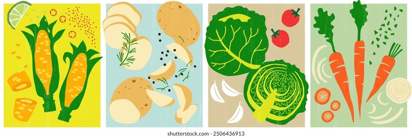 Vegetables illustration set: Corn with chili and lime, potatoes rosemary and black pepper, cabbage with garlic and cherry tomatoes, carrots with onions and parsley