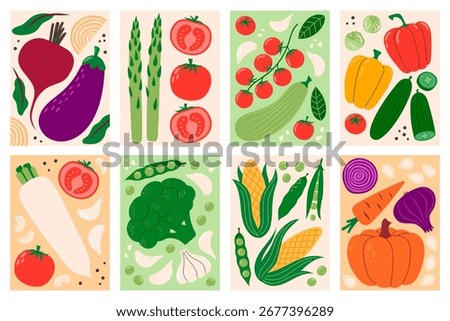 Vegetables illustration set. Culinary ingredients, organic food products, agricultural harvest. Poster for supermarket, kitchen, restaurant. Hand drawn flat vector illustration