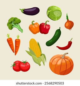 Vegetables illustration vector pack. Corn tomato onion and others