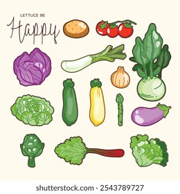 The vegetables include purple cabbage, potato, tomatoes, leek, onion, kohlrabi, lettuce, green and yellow zucchini, asparagus, eggplant, artichoke and rhubarb.