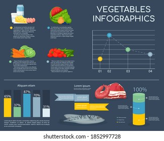 Vegetables Infographics. Fruits And Food Component: Dietary Fiber, Proteins, Fats And Carbohydrates. Dairy Products, Meat, Vegetables, Fruits, Fish. Vector Illustration