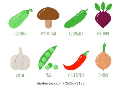 Vegetables, ingredient. Simple style, flat icons set. Zucchini, mushroom, cucumber, beetroot. Garlic, peas, chili pepper, onion, beans. Ingredients set collection. Vector illustration