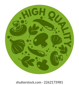 Vegetables and ingredients for healthy eating and dieting, isolated label or emblem with mushrooms, pepper and garlic. Herbs and condiments for nourishment and dishes cooking. Vector in flat