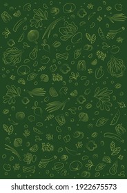 Vegetables and ingredients on a green background