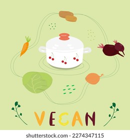 The vegetables and inscription VEGAN on green background.