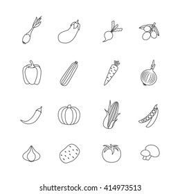 Vegetables isoalted flat icon set in line style with different types of fresh natural food vector illustration