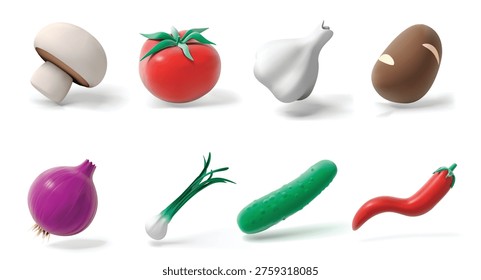 Vegetables isolated 3D vector icon render illustration set with mushroom, tomato, garlic bulb, bean, red onion, green onion, cucumber, and chili pepper for healthy food branding, recipe books, menu design, packaging, and digital content related to cooking, nutrition, and vegetarian cuisine.