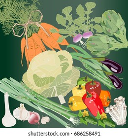 Vegetables isolated on black. Natural Food Design Pattern with vegetables.